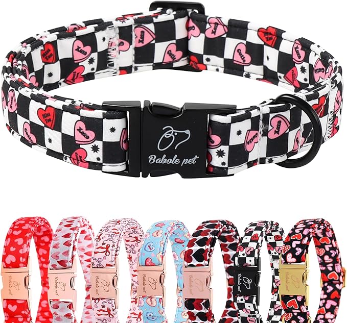 Valentines Dog Collar for Small Dogs - Unique Black White Plaid Girl Boy Valentine Heart Dog Collars, Adjustable Heavy Duty Pet Collar with Metal Buckle S