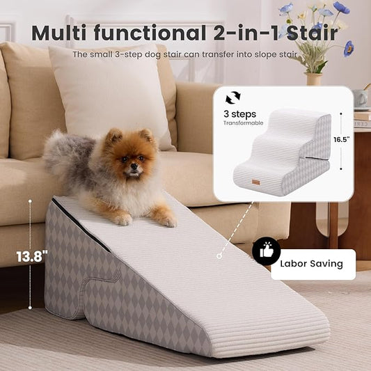 Gardner Pet Dog Stairs for Small Dogs 16.5" H, 2 in 1 Transformable 3-Step Pet Stairs and Ramp, Dog Steps for Couch Bed (13-20 in) Non-Slip Waterproof Cover and CertiPUR-US Certified Foam, Checked