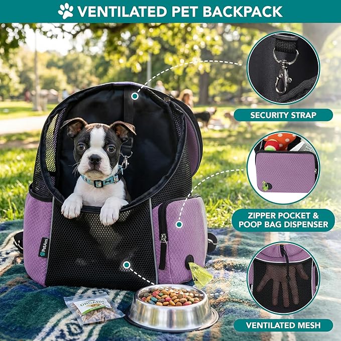 PetAmi Adjustable Cat & Dog Front Chest Carrier Backpack, Ventilated for Hiking & Camping, Max 14 lbs, Purple