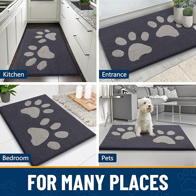 Smiry Dog Door Mat for Muddy Paws, Absorbs Moisture and Dirt, Low-Profile Entryway Mat with Non-Slip Backing, Entry Indoor Outdoor Doormat for Inside Floor (59x24 Inches, Dark Grey, Paw)