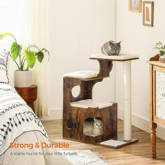FEANDREA 33.9-Inch Cat Tower, Medium Cat Tree with 3 Beds and Cave, Cat Condo Made of MDF with Wood Veneer, Sisal Post and Washable Faux Fur, Vintage, Rustic Brown and White UPCT70HW