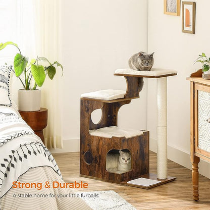 FEANDREA 33.9-Inch Cat Tower, Medium Cat Tree with 3 Beds and Cave, Cat Condo Made of MDF with Wood Veneer, Sisal Post and Washable Faux Fur, Vintage, Rustic Brown and White UPCT70HW