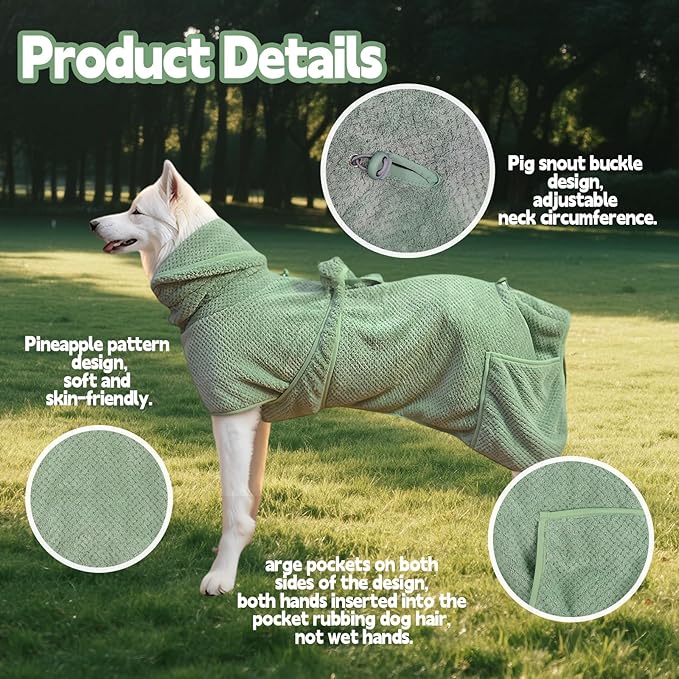 Super Absorbent Dog Bathrobe Pineapple Soft Fast Drying Dogs Towel Robe Adjustable Drying Coat for After Bath with Hood (Pineapple Green, XX-Large)