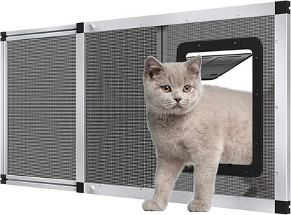 Ventilated Pet Door for Window 38"-44" Wide Adjustable, Silver Aluminum Frame + Stainless Steel Mesh | Breathable Bug-Proof | 4-Way Lock Magnetic Closure Cat Window Door,Cat Door for Window Insert