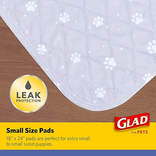 Glad for Pets Reusable Dog Pee Pads, Gray with Paw Prints - Washable Potty Pads for Dogs, Cloth Puppy Potty Training Pads, Puppy Essentials, Waterproof Pet Mats for Floor, 18” x 24”, 2 Count