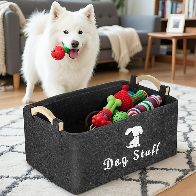 Dog Toy Basket, Felt Dog Toy Bin Box with Handle, Foldable Pet Toy Storage Container for Cat Puppy Toy (25×38×18 cm)