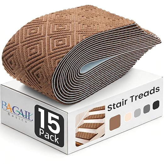 BAGAIL 15 Pack Non-Slip Stair Treads for Wooden Steps, 8"x30" Peel and Stick Carpet Stair Runners, Machine Washable Indoor Step Covers with No-Residue Adhesive for Dogs, Kids & Elderly - Brown