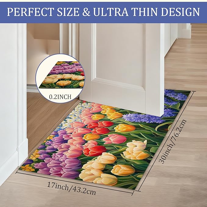 Colorful Flower Field Welcome Mat,Vintage Tulip Floral Indoor Rugs for Entryway,Anti-Slip Low Profile Doormats Porch Mats for Front Door Stairway Rug Living Room Floor Mat 30 x 17 Inch
