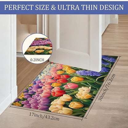 Colorful Flower Field Welcome Mat,Vintage Tulip Floral Indoor Rugs for Entryway,Anti-Slip Low Profile Doormats Porch Mats for Front Door Stairway Rug Living Room Floor Mat 30 x 17 Inch