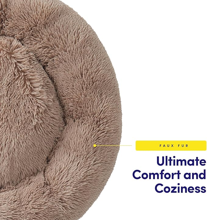 Dog & Cat Bed: Round Faux Fur Pet Bed - Plush, Cozy, & Calming Donut Bed for Medium Pets - Soft & Comfortable Sleeping Cushion for Napping & Lounging, 23" Round, Taupe