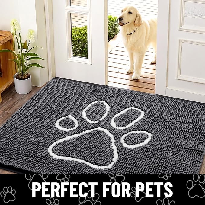 Smiry 2 Piece Dog Door Mat for Muddy Paws, Absorbent Dirt Trapper Non Slip Quick Dry Washable Chenille Mat for Mud Dogs, Entry Rug for Indoor and Outdoor (30x20 Inches, Dark Grey)