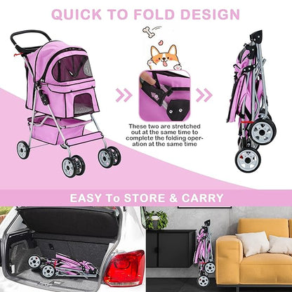 4 Wheels Dog Stroller, Foldable Pet Stroller for Small Medium Dogs, Portable Breathable Cat Stroller Dog Strollers with Storage Basket, Cup Holders, Removable Liner for Travel & Outdoor Use, Pink