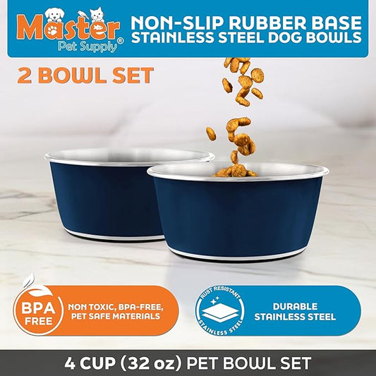 Master Pet Supply Stainless Steel Dog Bowls Set of 2 (32 Oz Each) with Non-Slip Rubber Base - Navy Blue - Basic Dog Food Bowl Water & Food Bowls for Small Medium Large Dogs & Cats, Metal Dish