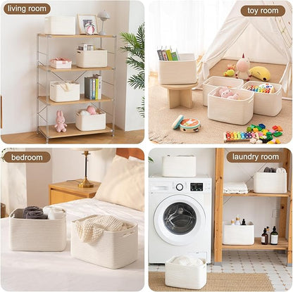 Storage Baskets for Organizing, Woven Decorative Baskets for Shelves - Books, Towels, and Clothes, Cotton Rope Toy Storage Bins, 12.7''Lx9''Wx7.8''H, Pack of 4, White