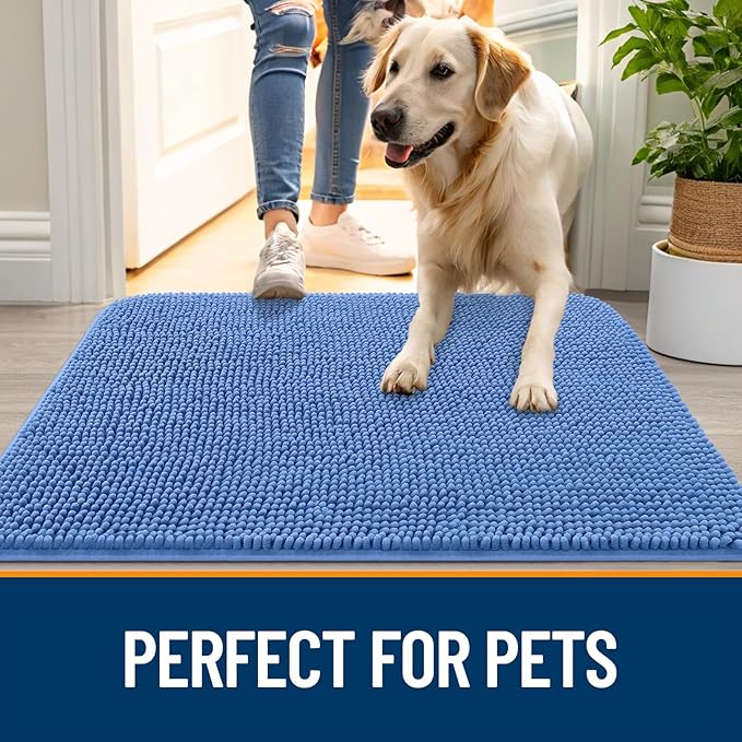 OLANLY Dog Door Mat for Muddy Paws 40x24, Absorbs Moisture and Dirt, Absorbent Non-Slip Washable Doormat, Quick Dry Chenille Mud Mat, Entry Indoor Entryway Carpet for Inside Floor, Cornflower Blue