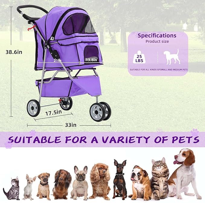 Pet Stroller for Small Medium Dogs & Cats,3-Wheel Breathable Compact Foldable Dog Carrier with Storage Basket, Outdoor Portable Lightweight Travel Stroller for Camping,Purple