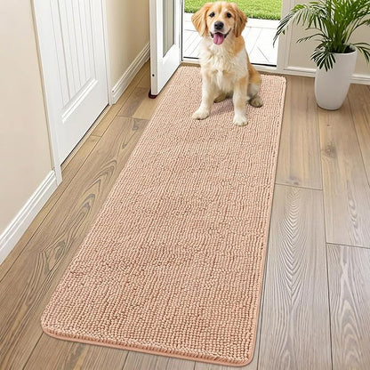 Smiry Dog Door Mat for Muddy Paws 70x24, Absorbs Moisture and Dirt Doormat, Non-Slip Washable Quick Dry Chenille Front Door Mat Indoor Entrance, Entryway Carpet for Inside Floor, Peach