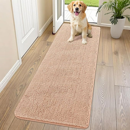 Smiry Dog Door Mat for Muddy Paws 70x24, Absorbs Moisture and Dirt Doormat, Non-Slip Washable Quick Dry Chenille Front Door Mat Indoor Entrance, Entryway Carpet for Inside Floor, Peach