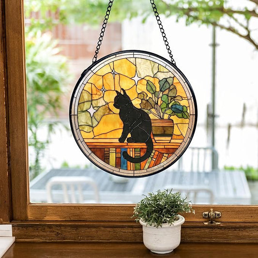 TNUW Black Cat Stained Glass Window Hanging, Black Cat Book Lovers Sun Catchers Indoor Window Glass Round Wall Art Decor, Book Lovers Gifts for Women Wall Hanging Decorations, 7.9＂x7.9＂