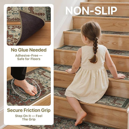 Non Slip Stair Treads for Wooden Steps 15PCS - 8"x30" Indoor Safety Carpet, Edging Mats with TPE Adhesive Backing, Pet and Elderly Friendly Stair Rugs (Annatto)