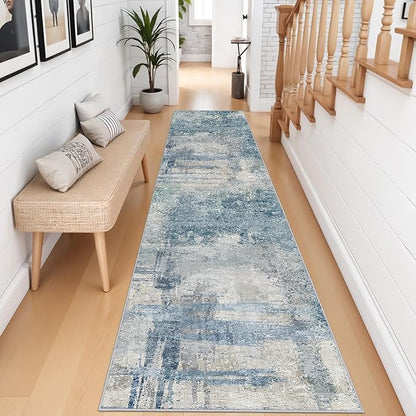 2.6x12 Extra Long Runner Rug Blue Grey Abstract: Washable Non-Slip Hallway Carpet for Entryway - Soft Thin Low Pile Floor Mat for Long Hallways, Custom Length 2.6x12 Blue