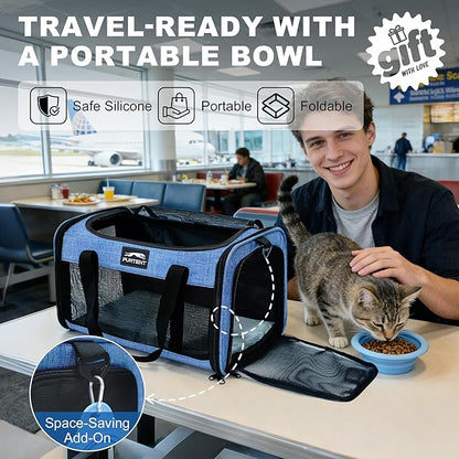 TSA Approved Pet Carrier for Kitten and Puppy, Cat Carrier Soft Fits Pets up to 13 lbs, Dogs Travel Bag with Bowl Foldable, Ideal for Travel, Car Rides, and Vet Visits, Dark Blue