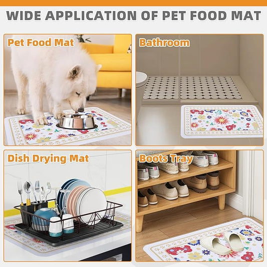 KOOLTAIL Dog Food Mat, Absorbent Pet Feeding Mat for Food and Water Bowls, Placement Pad for Floors with Waterproof Rubber Backing, Quick Dry Water Dispenser Mat for Dogs Puppy Cats, Flower, 16"x24"