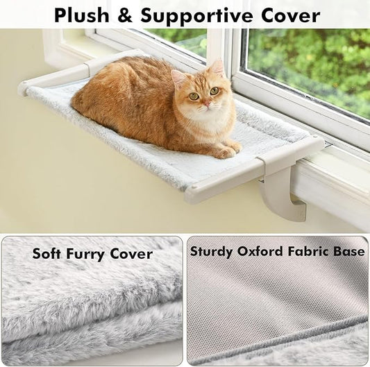 Window Sill Mount Cat Perch for Indoor Cats, One-Step Sliding Clamping Slot Adjustment Cat Hammock with Washable Cover, No Suction Cups Pet Bed for Windowsill & Bedside (Large)