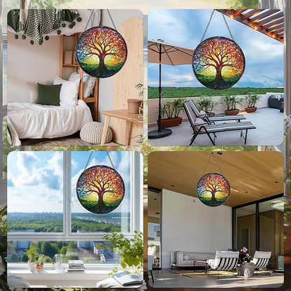 Tree of Life Sun Catchers Stain Glass Window Hanging Indoor, 7.8″ Stained Glass Window Hanging Home Decor, Suncatcher Wall Art Gift for Women Thanksgiving Christmas Housewarming