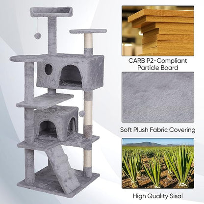 ZENY 54 inches Cat Tree with Sisal-Covered Scratching Posts and 2 Plush Rooms Cat Furniture for Kittens (Light Gray)