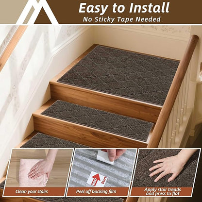 COSY HOMEER Edging Stair Treads Non-Slip Corner Indoor Stair Runners for Wooden Steps,Landing Slip Resistant Stair Rugs Mat for Kids and Dogs,100% Polyester TPE Backing,Brown,30x30 inch