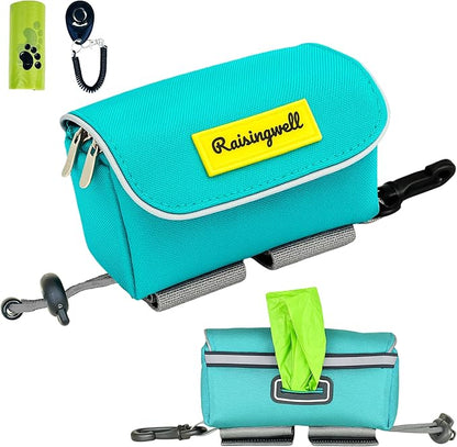 Dog Poop Bag Holder for Leash, 2 Waterproof Zipper Pouches, Dog Treat Pouch for Pet Walking Accessories, with Dispenser, Training Clicker and 1 Free Roll (Green)