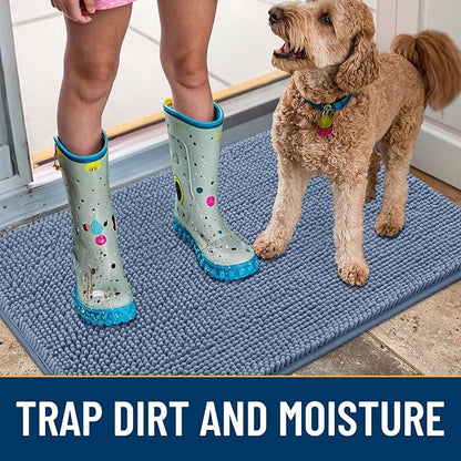 Smiry Dog Door Mat for Muddy Paws 47x32, Absorbs Moisture and Dirt Doormat, Non-Slip Washable Quick Dry Chenille Front Door Mat Indoor Entrance, Entryway Carpet for Inside Floor, Airy Blue