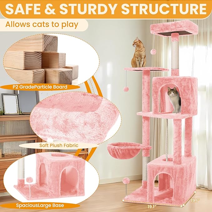 Cat Tree, 54-Inch Cat Tower for Indoor Cats, Soft Plush Multi-Level Climbing Cat Condo with Scratching Posts, Basket, Perches,2 Caves,2 Pompoms Play House for Cat(Pink)