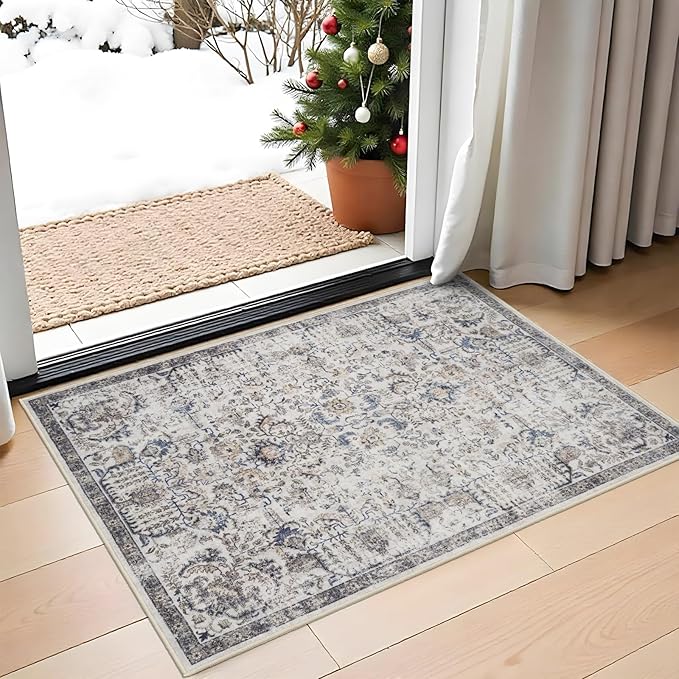 RUUGME Washable Area Rug 2x3 - Vintage Kitchen Rugs Stain Resistant Rugs for Living Room Bedroom Laundry Room Mat Distressed Rug Hallway Floor Carpet Runner for Bathroom 2'x3' Brown/Blue