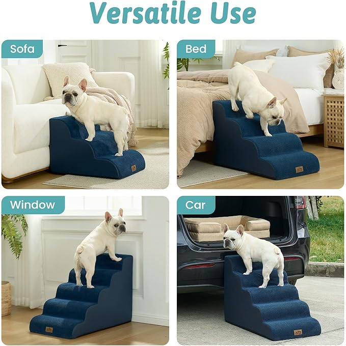 Wide Dog Stairs for Small Dog 22.6" H, Curved Pet Step for Puppy, Older Cat, Curved Ramp for High Bed or Car, Ladder with High Density Foam, Durable, 5 Step, 17.7x33x22.6 inch, Navy Blue