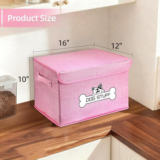Fabric Dog Toy Box with Lid, Collapsible Storage Bin, Basket Organizer with Handle for Dog Toys, Blankets and Accessories, Pink