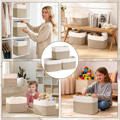 3 Pack Cube Storage Bin, 17”x12”x12” Cotton Rope Woven Baskets for Organizing Toys Clothes Towels, Square Gift Storage Baskets for Shelves, Nursery, Closet, Bathroom, Pantry (White & Jute)