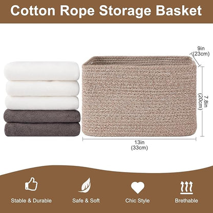 Storage Baskets for Organizing, Woven Decorative Baskets for Shelves - Books, Towels, and Clothes, Cotton Rope Toy Storage Bins, 12.7''Lx9''Wx7.8''H, Pack of 4, Linen Brown