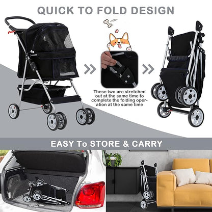 4 Wheels Dog Stroller, Foldable Pet Stroller for Small Medium Dogs, Portable Breathable Cat Stroller Dog Strollers with Storage Basket, Cup Holders, Removable Liner for Travel & Outdoor Use, Black