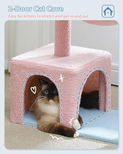 MUTTROS Flower Cat Tree with Large Metal Frame Hammock, 35" Pink Cat Tower with Sisal Scratching Posts for Small Indoor Cats, Cat Condo with Blue Top Perch for Kittens, Fluffy Ball, Pink