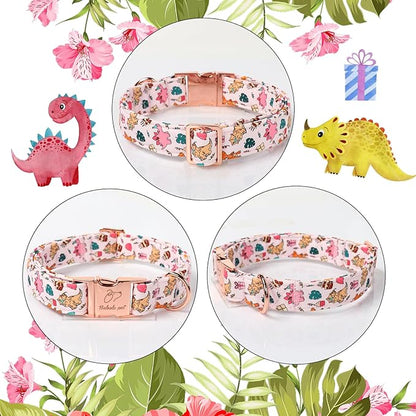 Cute Dinosaur Dog Collar - Adjustable Cartoon Girl Dog Collars for Small Dogs, Heavy Duty Metal Buckle Pet Collar, Pink Dino, S