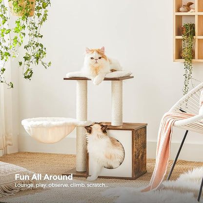 FEANDREA Small Cat Tree for Kittens, Modern Cat Tower for Indoor Cats, Cat Condo with Scratching Posts, Removable Washable Cushions, Rustic Brown UPCT122X01