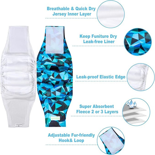 wegreeco Small Dog Diapers Male,Reusable Belly Bands for Male Dogs,Washable Doggie Puppy Male Diapers Wraps,Medium Large Size (5 Pack Large, Dark Geometry)