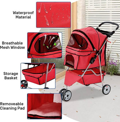 Best 3 Wheels Pet Stroller for Dog Stroller Cat Stroller, Lightweight and Foldable Pet Jogger Stroller, Carrier Strolling Cart W/Cup Holders Removable Liner for Small and Medium Dog Cat or Pet - Red