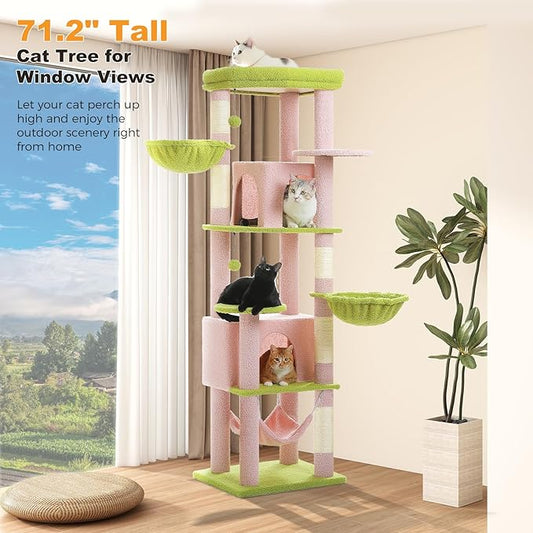 MUTTROS 71.2" Large Cat Tree for Multi-Cat Households - Heavy-Duty 9-Level Cat Tower w/5 Sisal Scratching Posts, 2 Condos, 3 Hammocks, Extra-Large Perch & Pompoms - Space-Saving, Pink