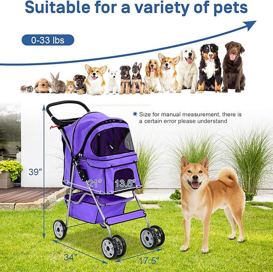 Best 4 Wheels Dog Cat Stroller, Lightweight & Foldable Pet Jogger, Carrier Strolling Cart W/Cup Holders Removable Liner - Purple