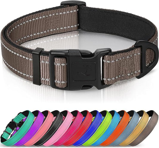 Joytale Reflective Dog Collar, Soft Neoprene Padded, Metal D-Ring, Nylon Pet Collar Adjustable for Medium Dogs, Brown, Medium