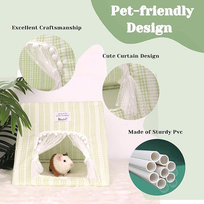 Guinea Pig Hideout Large with Curtain, Bunny Hideout, Machine Washable Guinea Pig Hide Tent Houses & Habitats, Small Animal Hideout for Pet Rabbit, Ferret, Rat, Chinchilla, Squirrel (Grid, Large)