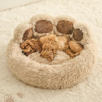 Jiupety Paw Shape Calming Pet Bed, Plush Faux Fur Donut Bed for Dogs & Cats, Machine Washable, Non-Slip Bottom, Large Size (26"×26"×8"), Camel